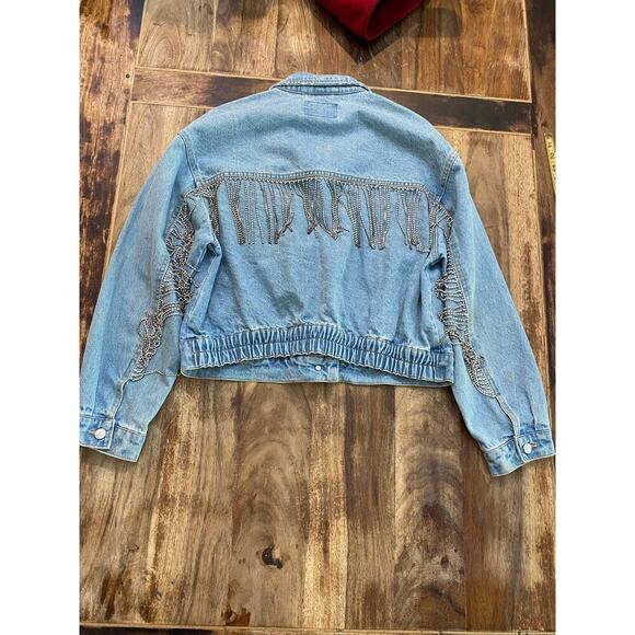 Free People Blue Comet Fringed Button Front Denim Bomber Jacket Size Small - Picture 2 of 5
